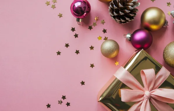 Balls, box, gift, sequins, Christmas, New year, bow, pink background