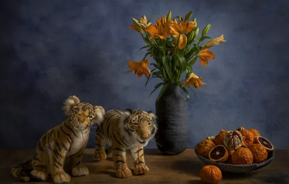 Flowers, table, background, toy, toys, Lily, bouquet, oranges