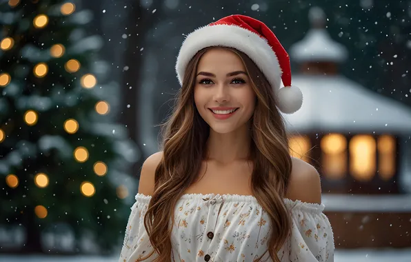 Winter, girl, snow, lights, smile, house, the evening, Christmas