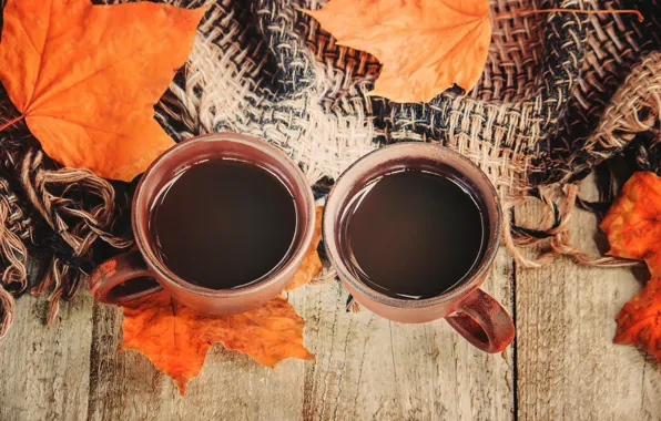 Picture autumn, leaves, plaid, wood, autumn, leaves, coffee cup, a Cup of coffee