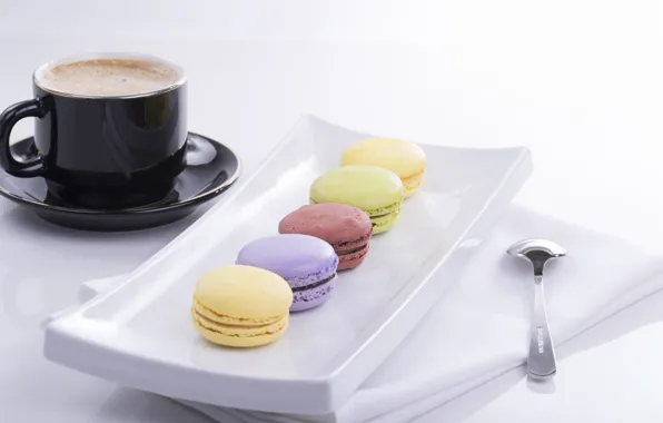 Coffee, cookies, plate, dessert, macaron, almond