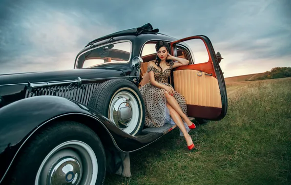 Picture the sky, field, sky, fields, closed eyes, red shoes, retro car, red shoes