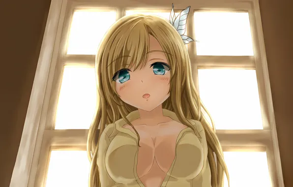 Girl, sexy, cleavage, green eyes, long hair, boobs, anime, beautiful