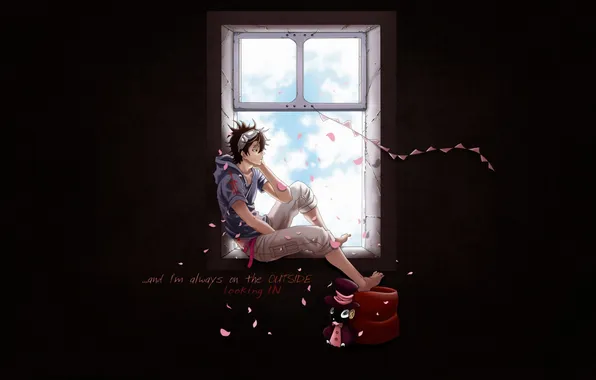 Picture mood, the inscription, anime, window, art, guy