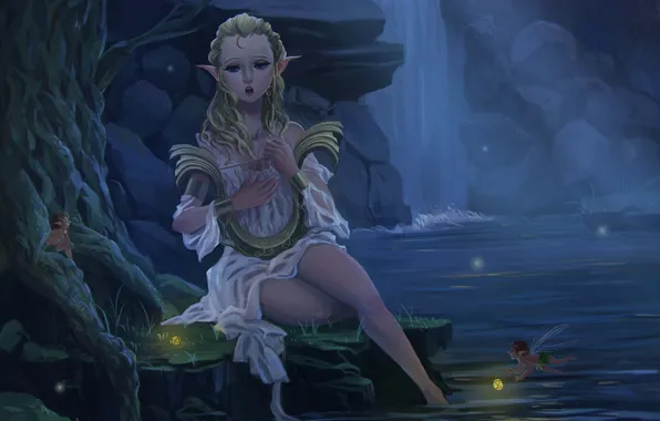 Girl, trees, night, waterfall, fairy, art, elf, ears