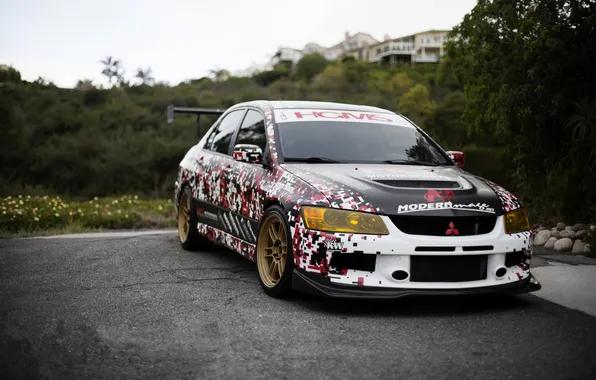 Picture red, white, front view, mitsubishi, lancer, evolution, Lancer evolution, black .Mitsubishi