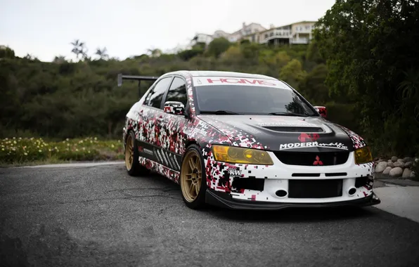 Red, white, front view, mitsubishi, lancer, evolution, Lancer evolution, black .Mitsubishi