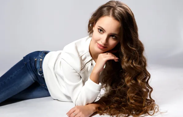 Picture look, girl, jeans, brown hair, jacket, curls