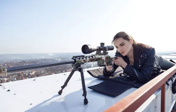 Girl, Sniper rifle Lobaeva, DVL-10 "Urbana", Lying on the roof