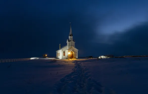 Snow, the evening, Norway, Church, Finnmark