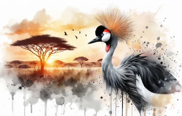 Look, face, bird, paint, portrait, white background, crane, crowned crane