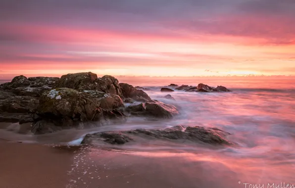 Sand, sea, the sky, clouds, stones, coast, horizon, glow