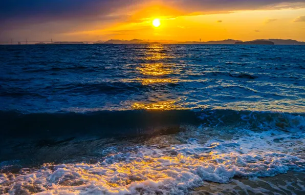 Picture sea, wave, sunset, nature, glow