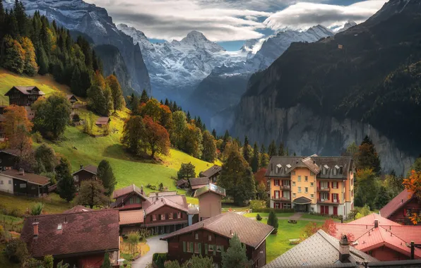 Picture trees, mountains, home, Switzerland, village, Switzerland, Bernese Alps, The Bernese Alps