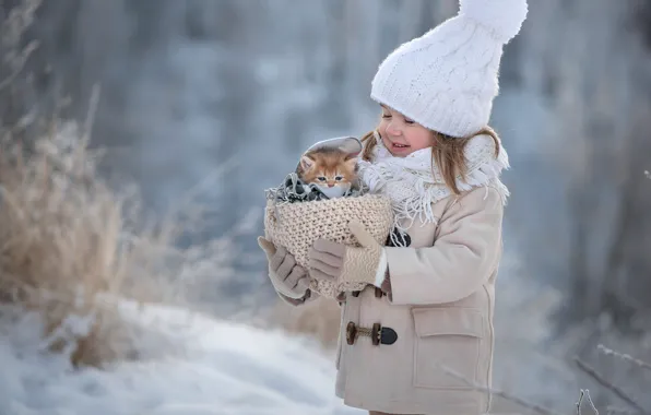 Picture winter, snow, happiness, kitty, girl