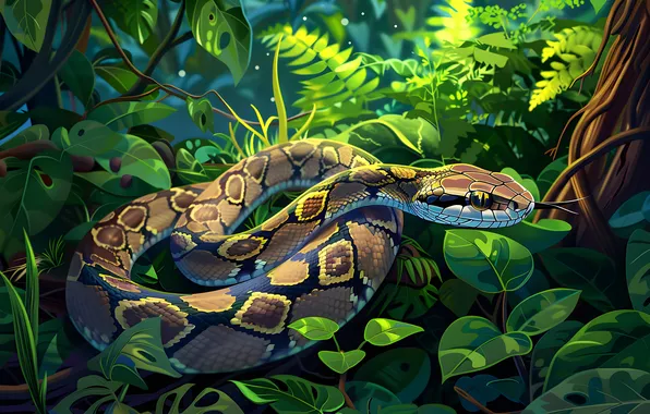 Grass, Snake, Forest, Leaves, Art, Reptile, Animal, Digital art