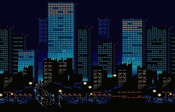 Picture Night, The city, Building, Pixels, 8bit, 8bit, 8 Bit