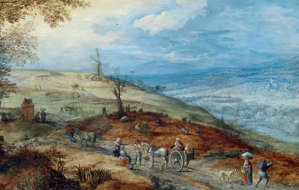Road, the sky, landscape, clouds, hills, picture, mill, wagon