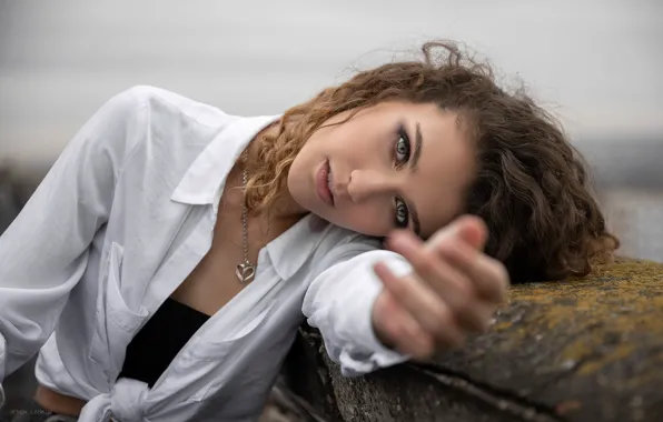 Picture look, girl, face, mood, hand, blouse, curls, Dasha
