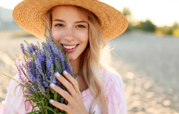 Summer, girl, flowers, nature, face, smile, hand, portrait