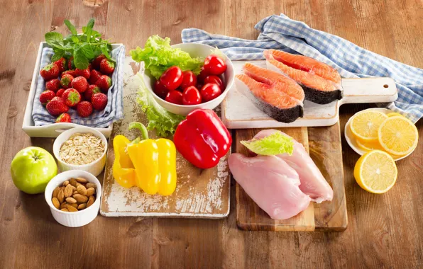 Leaves, lemon, apple, Apple, fish, strawberry, meat, lemon