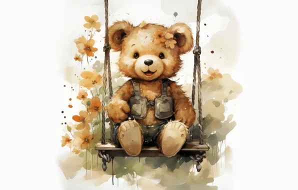 Flowers, nature, swing, bear, bear, watercolor, white background, bear