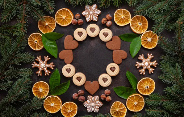 Decoration, oranges, cookies, Christmas, New year, christmas, nuts, new year