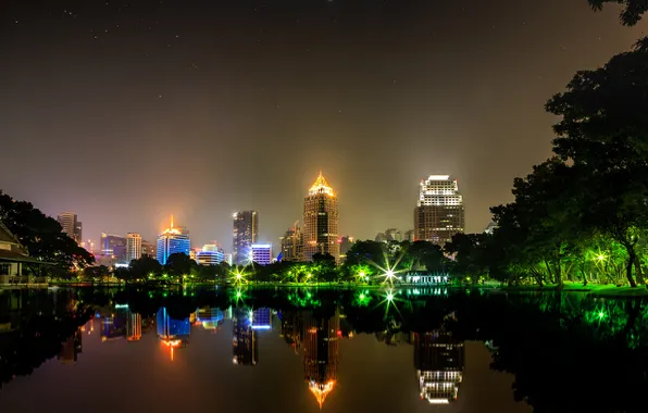 Stars, trees, night, the city, lights, pond, building, Bangkok