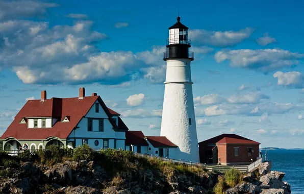 Sea, clouds, rocks, lighthouse, home