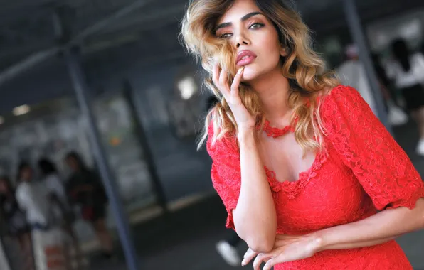 Girl, pose, hands, dress, curls, bokeh