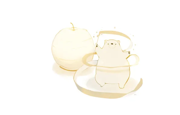 Apple, rotation, tape, white background, white bear, by drawing chisanne