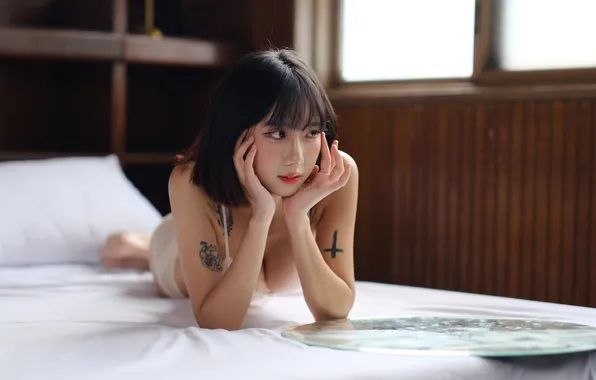 Girl, bed, Asian