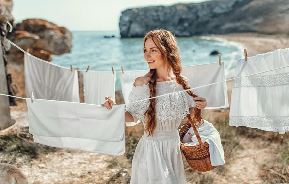 Picture water, smile, basket, Girl, linen, red, wash, Oksana Butovo