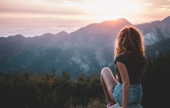 Girl, landscape, sunset, mountains, girl, landscape, sunset