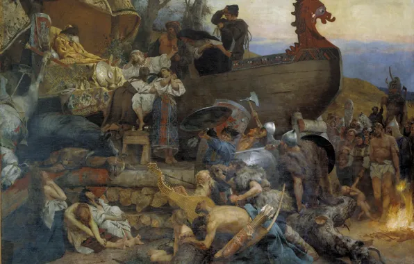 Picture ship, oil, Canvas, the fire, mount, Henri semiradzki, The funeral of noble Rus