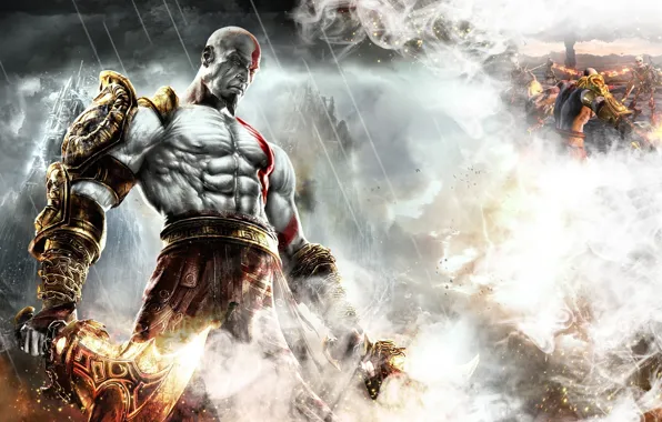 Picture fire, flame, sword, armor, god of war, kratos, god of war 3, ps3