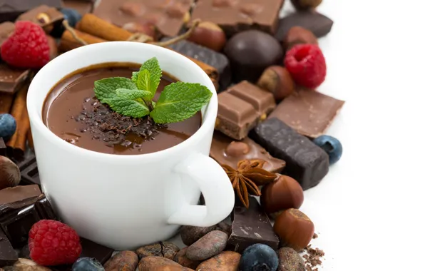 Berries, raspberry, chocolate, blueberries, drink, nuts, cinnamon, mint