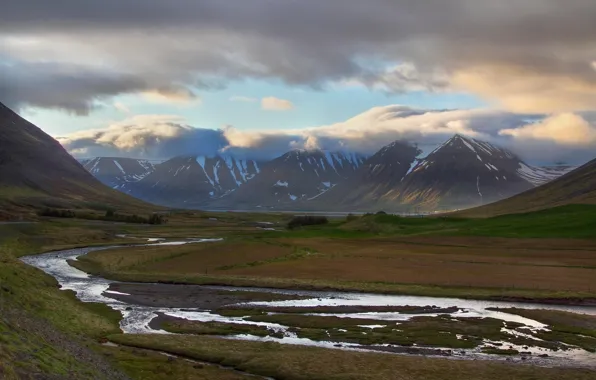Clouds, mountains, river, valley, Iceland