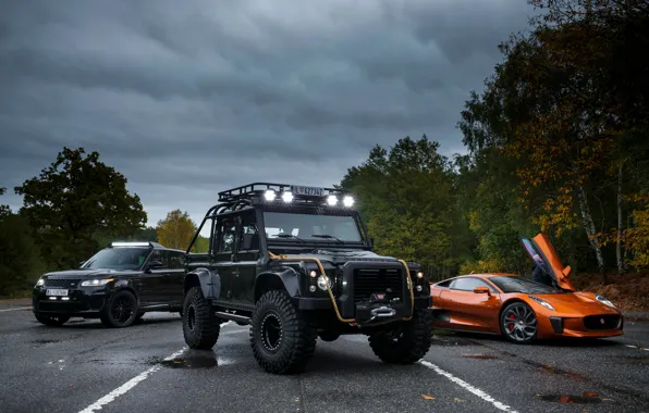 Picture Jaguar, three, Land Rover, Defender, C-X75, 2015, 007 Spectre