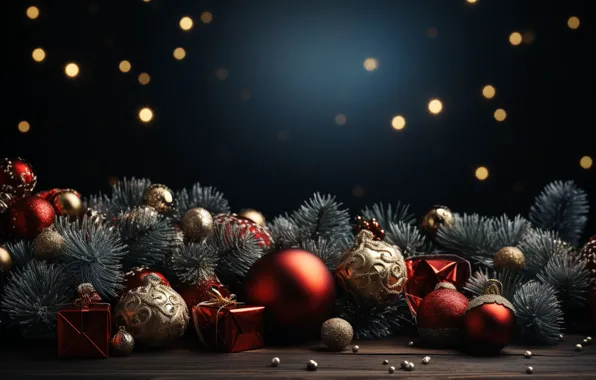 Balls, branches, lights, the dark background, Board, Christmas, gifts, red