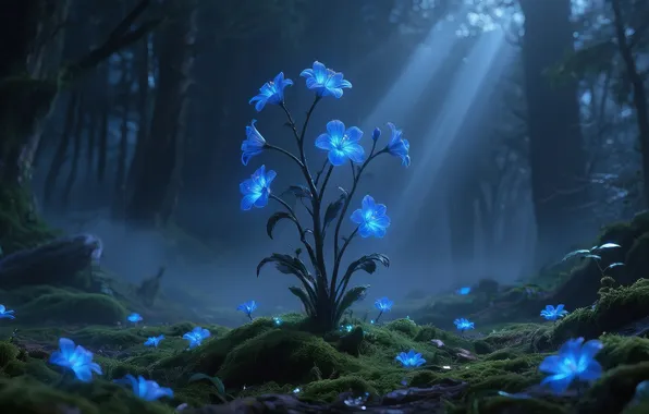 Magic, tale, rays of light, charm, night forest, fantasy art, glowing flower, kraosta