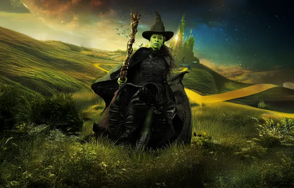 Castle, hat, meadow, staff, witch, green skin, Wicked: Part One, Evil: Part One