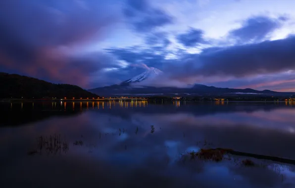 The sky, clouds, night, reflection, the ocean, mountain, the volcano, Japan