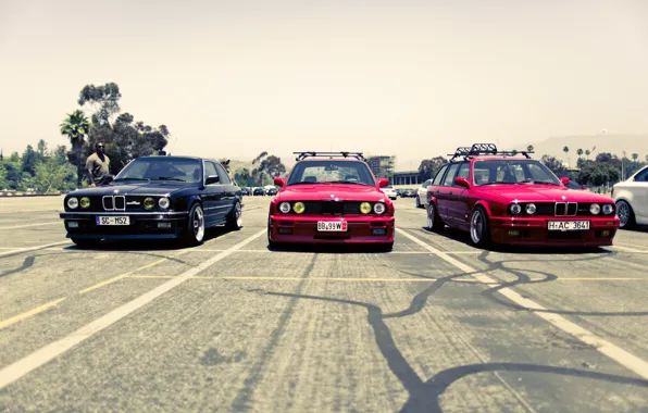 Street, BMW, BMW, red, black, trio, street, E34