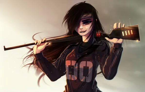 Weapons, anime, long hair, long hair, brown eyes, anime, brown eyes, weapons