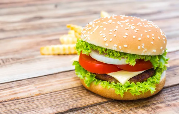 Cheese, bow, tomato, Patty, roll, salad, Burger, wooden table