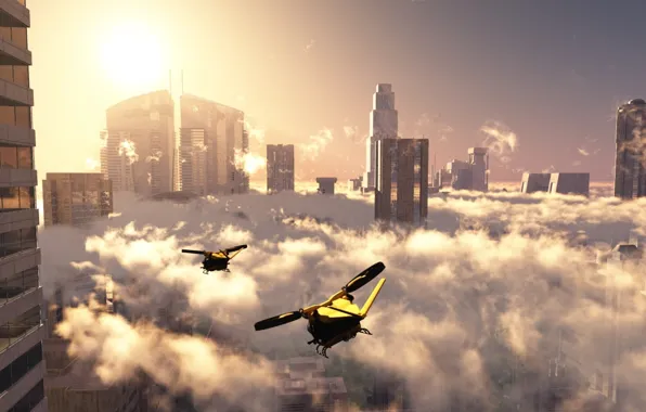 Sky, flight, sun, spaceships, cloud city