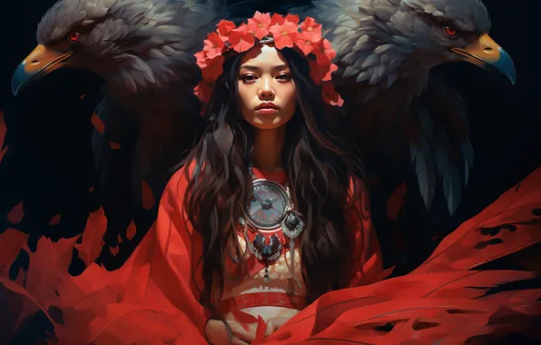Girl, light, birds, Asian, in red, the eagles, wreath, long hair