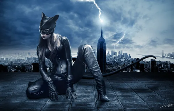 Picture girl, night, the city, lightning, mask, costume, tail, ears