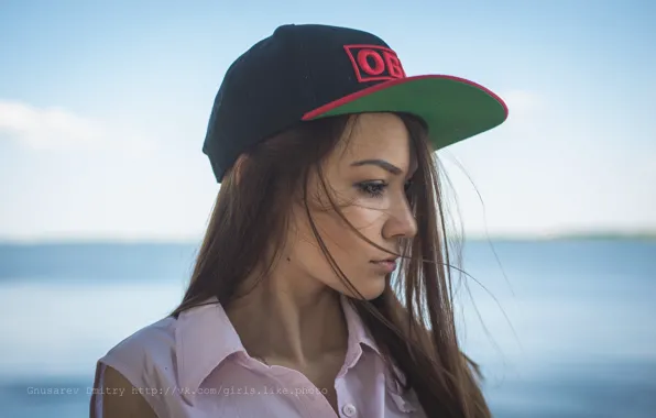 Picture background, model, portrait, makeup, hairstyle, cap, shirt, brown hair